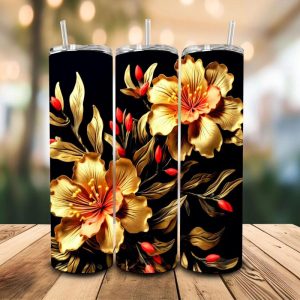16 oz Tumbler Golden Floral Stainless Steel Thermal Double Walled Vacuum Insulated Wedding Gift