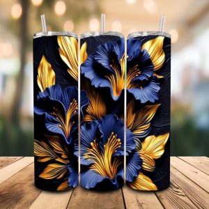 16 oz Tumbler Blue Gold Floral Stainless Steel Thermal Double Walled Vacuum Insulated Wedding Gift