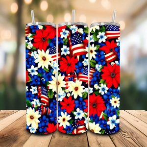 16 oz Tumbler Flowers Flag Home of the Brave Stainless Steel Thermal Double Walled Vacuum Insulated