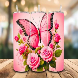16 oz Tumbler Butterfly and Roses Stainless Steel Thermal Double Walled Vacuum Insulated Wedding Gift