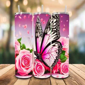 16 oz Tumbler Pink Butterfly Stainless Steel Thermal Double Walled Vacuum Insulated Wedding Gift