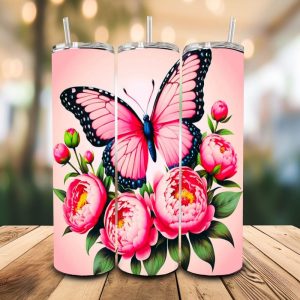 16 oz Tumbler Butterfly Peony Stainless Steel Thermal Double Walled Vacuum Insulated Wedding Gift