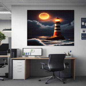 Wall Art Canvas Full Moon Lighthouse Ocean Landscape Artwork Design Vibrant Elegance Modern Decor Style