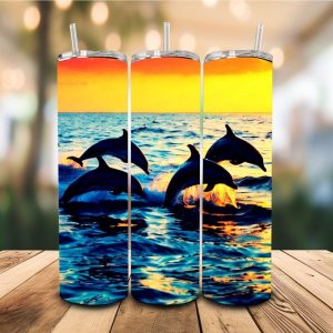 16 oz Tumbler Sunshine with Dolphins Nature Lovers Stainless Steel Thermal Double Walled Vacuum Insulated
