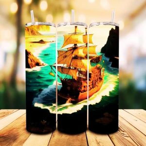 16 oz Tumbler Old Pirate Ship Kids World Stainless Steel Thermal Double Walled Vacuum Insulated