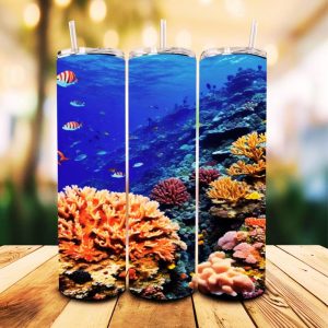 16 oz Tumbler Blue Ocean and Corals Nature Lovers Stainless Steel Thermal Double Walled Vacuum Insulated