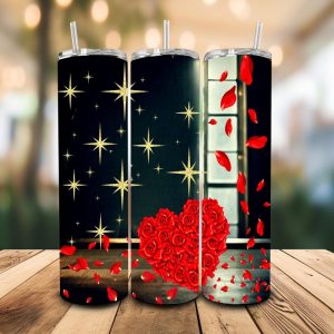 16 oz Tumbler Hearts and Roses Stainless Steel Thermal Double Walled Vacuum Insulated Wedding Gift